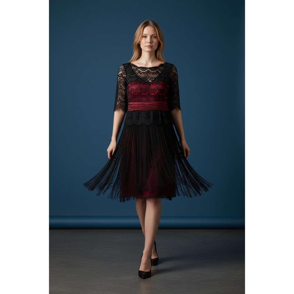 Mikael Aghal Fringe Lace Cocktail Dress sz 8 whimsigoth cocktail dark romantic